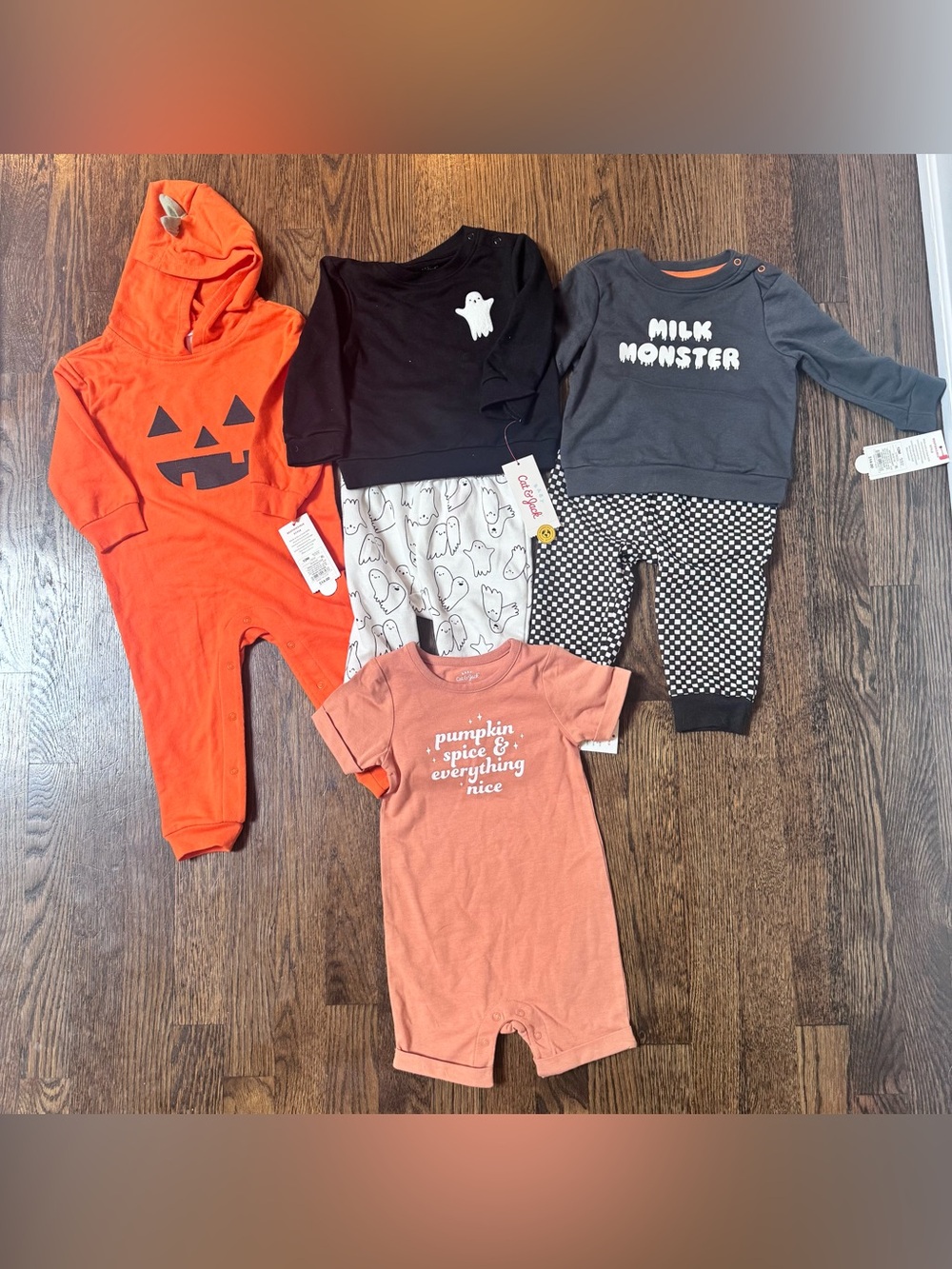 NEW cat and Jack baby boys Halloween onesie ghost pumpkin outfit sets